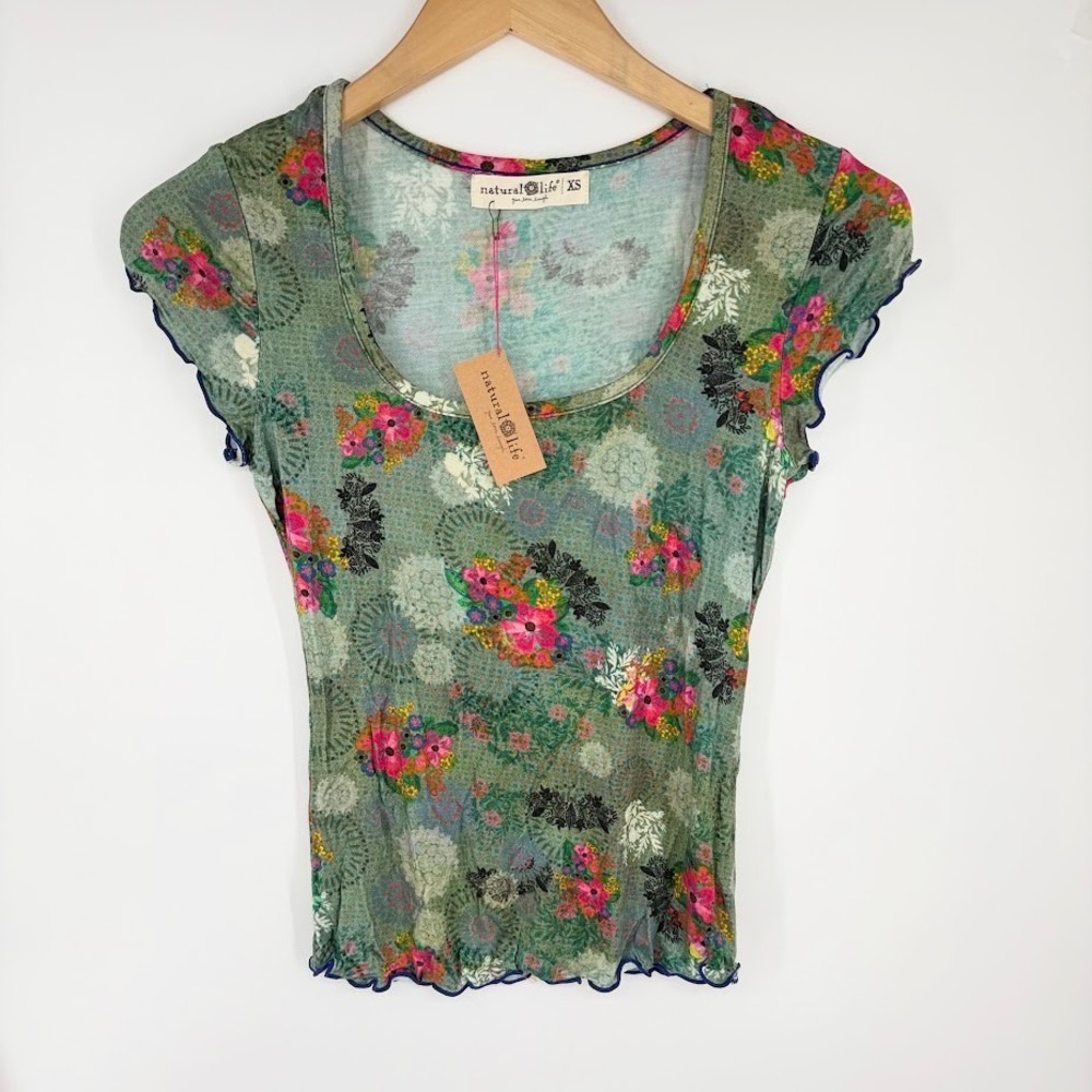 Natural Life Devon ButterSoft Short Sleeve Top XS Green Painted Garden Lettuce